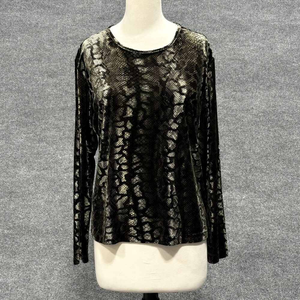 Chicos Design Shirt Womens Size 2 Black Gold Snakeskin Velvet Long Sleeve Top